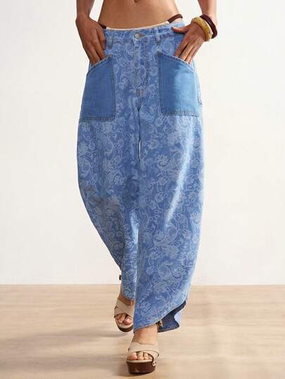 Bohemela Women's Casual Vacation & Commute Paisley Print Patchwork Pocket Loose Straight Leg Pants
