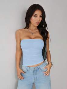 SHEIN PETITE Women's Solid Color Minimalist Casual Tube Top,Summer Top - Blue - View 7
