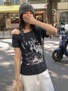 DAZY Áo thun dài tay kẻ sọc dáng rộng dành cho nữ, thiết kế độc đáo, thích hợp cho mùa xuân/thu. - màu đen - Xem 6