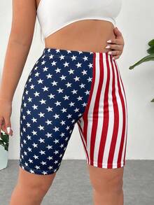 Muchica Plus Size Summer Fashion Elastic Striped & Star Print Skinny Shorts - Multicolor - View 5