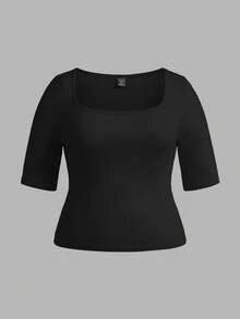 SHEIN BASICS 3pcs/Set Casual Solid Color Knit Square Neck Short Sleeve Fitted Plus Size T-Shirts - Multicolor - View 8