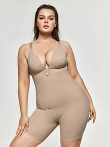 SHAPORA Shorts moldeadores de unicolor con espalda cruzada para mujeres de talla grande - Caqui - Ver 4