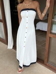 Livesso Vestido de verano elegante con botones delanteros y bandeau - Blanco y Negro - Ver 4