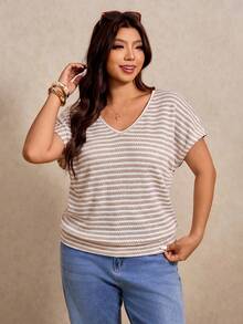 Elaquor Plus Size Casual Minimalist Knit T-Shirt - Apricot - View 4