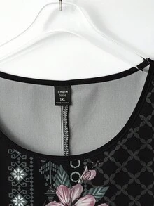 SHEIN CURVE+ Casual Boho Round Neck Placement Print Raglan Sleeve Loose Comfortable Versatile Blouse, Plus Size Women, Spring/Summer Holiday Wear Vacation Black - Black - View 3
