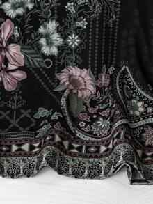 SHEIN CURVE+ Casual Boho Round Neck Placement Print Raglan Sleeve Loose Comfortable Versatile Blouse, Plus Size Women, Spring/Summer Holiday Wear Vacation Black - Black - View 5