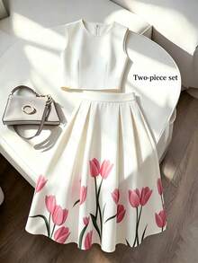 SHEIN Franclia Bộ 2 món gồm áo hai dây và chân váy in họa tiết hoa thanh lịch, thích hợp cho hẹn hò, đi làm, mặc hàng ngày, công sở, du lịch và các dịp khác. - trắng - Xem 1