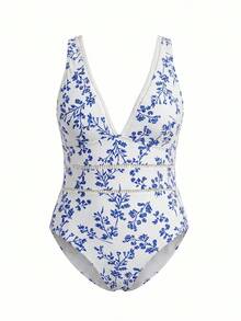 Swim Oasis Plus Size Digital Print Fashionable Casual Vacation One-Piece Swimsuit - Blue - View 6