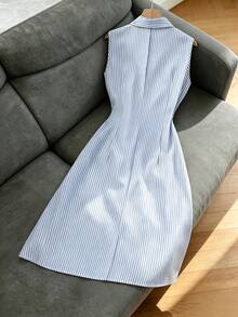 SHEIN Franclia Đầm sơ mi dài tay không tay kẻ sọc xanh dương, cổ bẻ, cài khuy nửa mở, trang trí hoa hồng kim loại, dây rút co giãn, thời trang mùa hè mới dành cho nữ. - Xanh và trắng - Xem 2