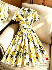 GlowEve Women's Fashion Versatile Lemon Print Button Tie Waist Short Sleeve Dress - Multicolor - View 1