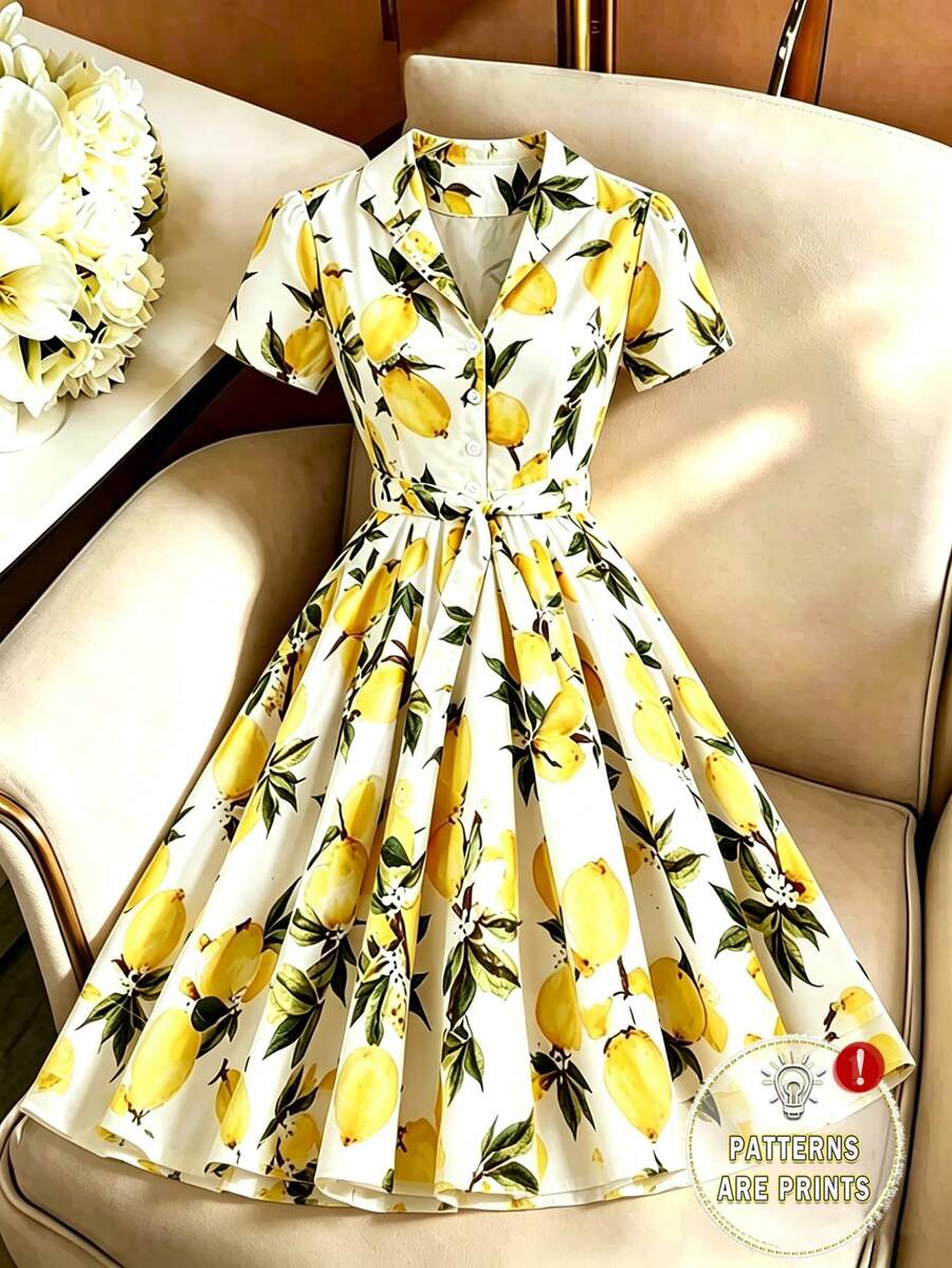 GlowEve Women's Fashion Versatile Lemon Print Button Tie Waist Short Sleeve Dress - Multicolor - View 1