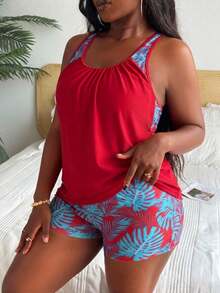 Swim Lushoire Plus Size Women's Patchwork Ruched Tankini Top And Shorts Swimwear Set, Suitable For Summer Vacation Vacation Light Blue - Multicolor - View 5