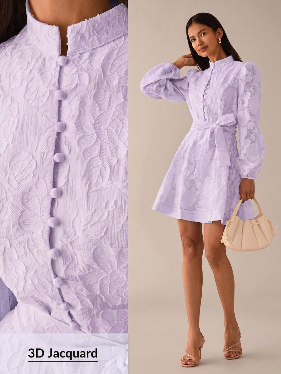 Lilora Đầm ngắn nữ cao cấp, thanh lịch, chất liệu jacquard mềm mại, cổ đứng, eo thắt, dáng chữ A rộng, cài cúc phía trước, tay phồng kiểu đèn lồng, thích hợp cho mùa xuân/hè. Đầm màu kem, phong cách Victoria cổ điển, phong cách Pháp, màu trắng ngà, phong cách thành thị. - Màu tím - Xem 1