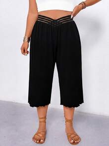 EMERY ROSE Plus Size Women's Solid Color Elastic Hollow Waist Design Casual Loose Fit Capri Pants, Versatile For Commuting And Daily Wear, Spring/Summer - Black - View 3