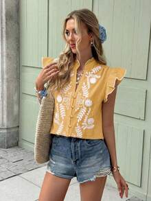 Serisse Camisa de mujer con puños de volantes bordados y abotonadura, versátil para uso diario - Amarillo claro - Ver 2