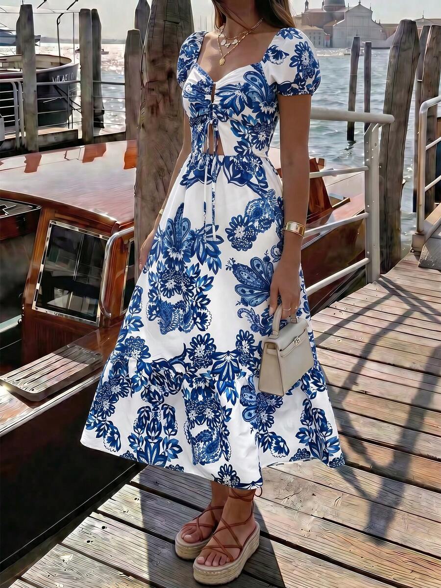 SHEIN Holidaya Đầm dài nữ thanh lịch và thoải mái màu xanh dương in hoa, cổ vuông khoét eo, tay phồng, thích hợp cho kỳ nghỉ hè đi biển.