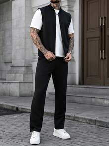 Manfinity Homme 男士休闲日常通勤简约纯色拉链背心外套和裤子套装，适合春、夏、秋季穿着。 - 黑色 - 查看 7