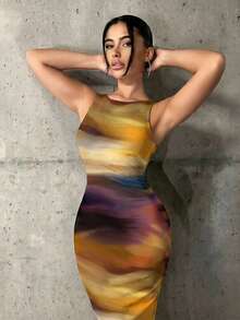SHEIN ICON 扎染印花修身长裙 - 彩色 - 查看 6