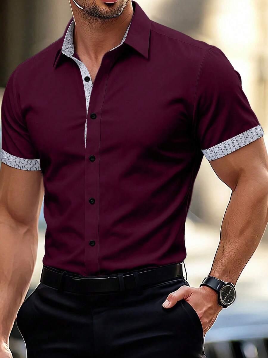 Manfinity Mode Áo sơ mi nam tay ngắn, cài một hàng khuy, họa tiết hình học - Màu Đỏ Sâu - Xem 1