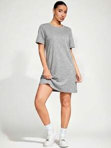 SHEIN BASICS 纯色圆领短袖简约设计休闲百搭夏季T恤连衣裙 - 淺灰色 - 查看 7
