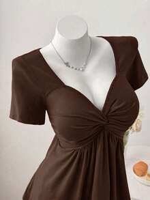 Sweetra Áo thun babydoll dáng suông màu trơn cổ khoét lỗ phía trước dành cho nữ, thích hợp mặc hàng ngày đi làm, mùa hè. - Màu nâu Sô-cô-la - Xem 6