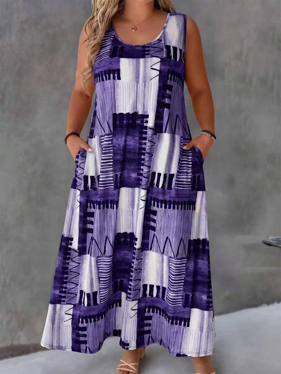 SHEIN LUNE Plus Size Round Neck Casual Printed Knit Dress - Multicolor - View 1