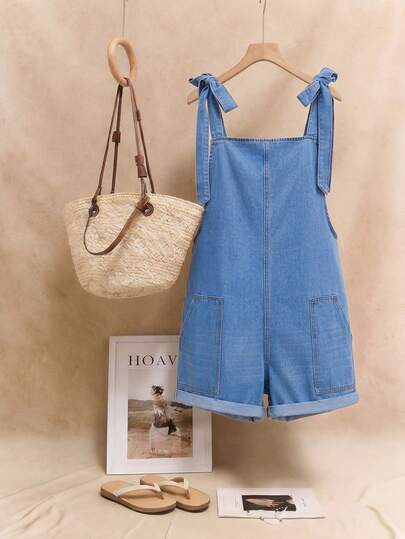 Elaquor 2026 New Arrive, Casual Plus Size Women Sleeveless Denim Jumpsuit With Knot Detail On Shoulders, Summer Outfits, Summer Jumpsuits, Summer Romper, Sleeveless Denim Romper, Soft Comfortable Cotton Denim Romper For Women, Casual Denim Romper For Lades, Pocket Detail Romper, Women's Casual Denim Jumpsuit, Suitable For Daily Commute, Casual Wear, Party, Beach Wear, Vacation Wear, Resort, Staying Home Outfits. Casual-A.