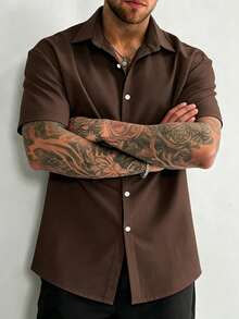 Manfinity Dauomo Men's Solid Color Front Button Casual Daily Short Sleeve Shirt - Brown - View 3