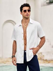 Men's Casual Button Up Short Sleeve Summer Beach Shirt - White - View 1