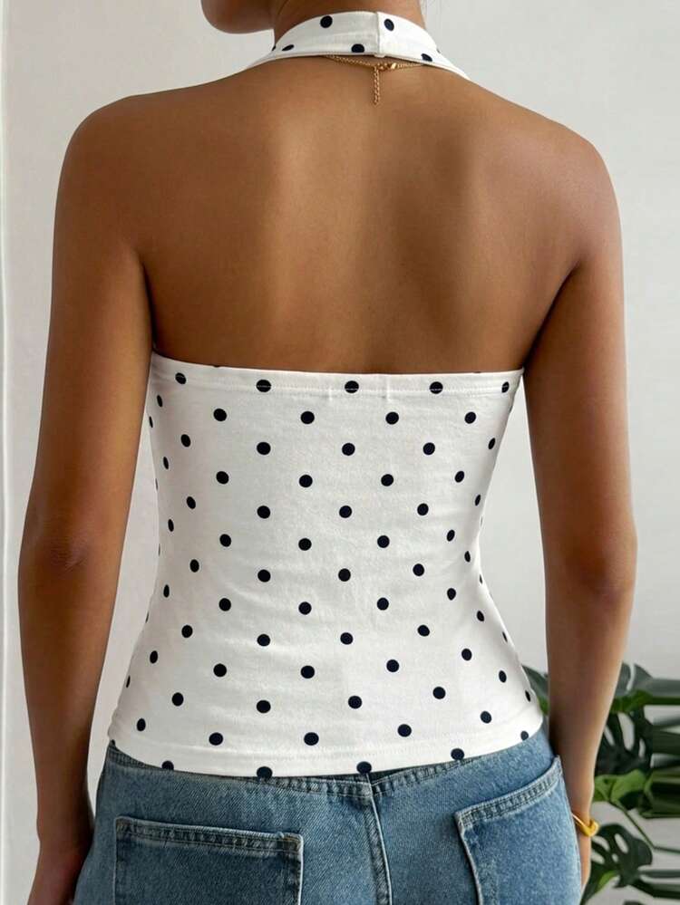 Women's Polka Dot Print Fitted Casual Halter Neck Tank Top