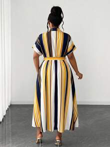 Maweii Plus Size Women Summer Bowknot Decor Pink & White Striped Dress - Royal Blue - View 2