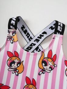 THE POWERPUFF GIRLS X SHEIN Bộ đồ bơi liền thân in hình hoạt hình kẻ sọc dành cho bé gái - Màu Hồng baby - Xem 3