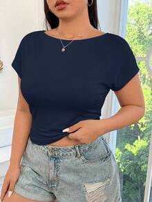 SHEIN EZwear Plus Size Solid Color Backless Fitted Summer Navy Blue Short Sleeve T-Shirt - Navy Blue - View 5