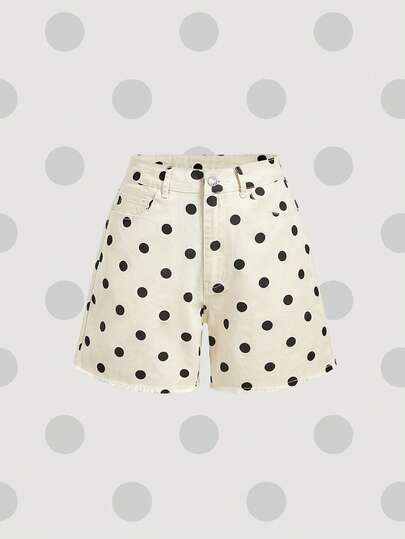 Sweetra Women's Casual Polka Dot Print Frayed Hem Denim Shorts, Suitable For Summer Holiday And Daily Commute