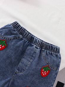 Souflis Girls' Strawberry Print Short Sleeve Denim Set, Cute And Energetic. Bright Red Short Sleeve Top With 1 Dimensional Strawberry Decor, Lively And Playful. Denim Shorts With Multiple Strawberry Decorations Matching The Top Details, Cuffed Hem Design, Elastic Waist For Easy Wear. Suitable For Spring/Summer Casual Outings And Play. - Red - View 8