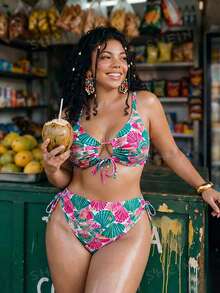 Swim Vcay Maillot de bain bikini triangle 2 pièces pour femmes grandes tailles, imprimé floral, bretelles spaghetti, nœud devant - Multicolore - Voir 4
