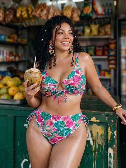 Swim Vcay Plus Size Women Floral Print 2pcs Spaghetti Strap Tie Front Triangle Bikini Swimsuit