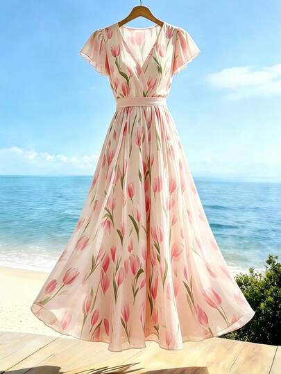 Franclia Women's New V-Neck Criss-Cross Petal Sleeve Belted Floral Print Dress
