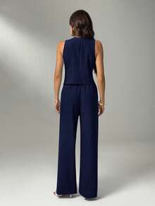 SHEIN Tall Women's Solid Color V-Neck Button Front Tank Top And Slant Pocket Casual Pants 2-Piece Set, Tall Women - Navy Blue - View 2