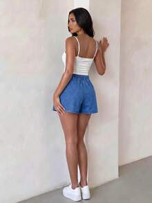 SHEIN Glamour 女士高腰休闲宽松牛仔褶皱短裤 - 藍色 - 查看 3