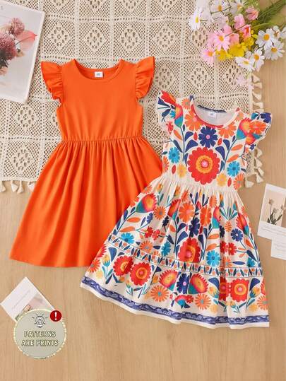 2pcs Young Girls' Fashionable Casual Floral Print Matching Solid Color Flare Sleeve Dress, Suitable For Summer Beach Vacation, Sisterhood Outfit
