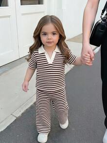 SHEIN Baby Girl Summer Casual Striped Floral Decor Short Sleeve Polo Shirt And Trousers Set Brown Outfit Outfits Sets Flower 2 Pieces Clothes Matching - Brown - View 3
