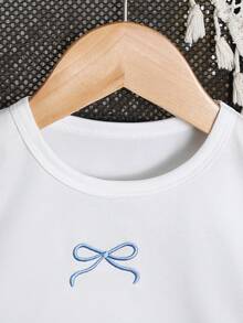 SHEIN 2件套女婴幼儿/新生儿0-3岁可爱休闲条纹蝴蝶结T恤+条纹裤套装，婴儿莫兰迪蓝套装，春夏款 - 藍色 - 查看 7