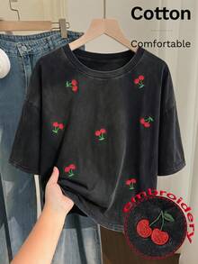 Solflare Camiseta de manga corta de algodón lavado de color lila morado primaveral talla grande - Negro - Ver 1
