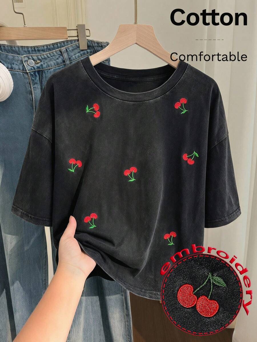 Solflare Camiseta de manga corta de algodón lavado de color lila morado primaveral talla grande - Negro - Ver 1