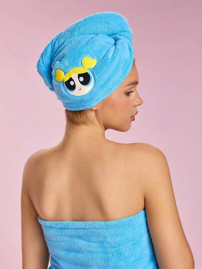 THE POWERPUFF GIRLS X SHEIN 1 pieza Gorro de secado de cabello bordado con diseño de dibujos animados, súper absorbente, adecuado para diferentes calidades y cantidades de cabello, con buena absorción de agua y secado fácil