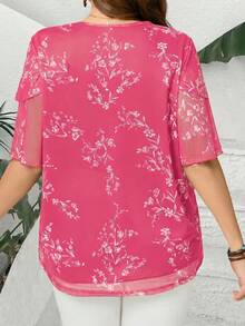 EMERY ROSE Plus Size Women V Neck Short Sleeve Floral Print Ruffle Tunic Blouse,Summer Outfits For Holiday,Vacation Women,Simple And Fashionable Everyday Wear - Hot Pink - View 2