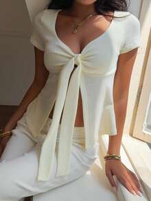 SHEIN EZwear 杏色前領結短袖女款T恤，夏季上衣 - 淡黃色 - 查看 3
