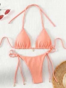 Swim Basics 2026 女款夏季海灘素色掛脖綁帶性感比基尼泳衣套裝 - 珊瑚粉 - 查看 1