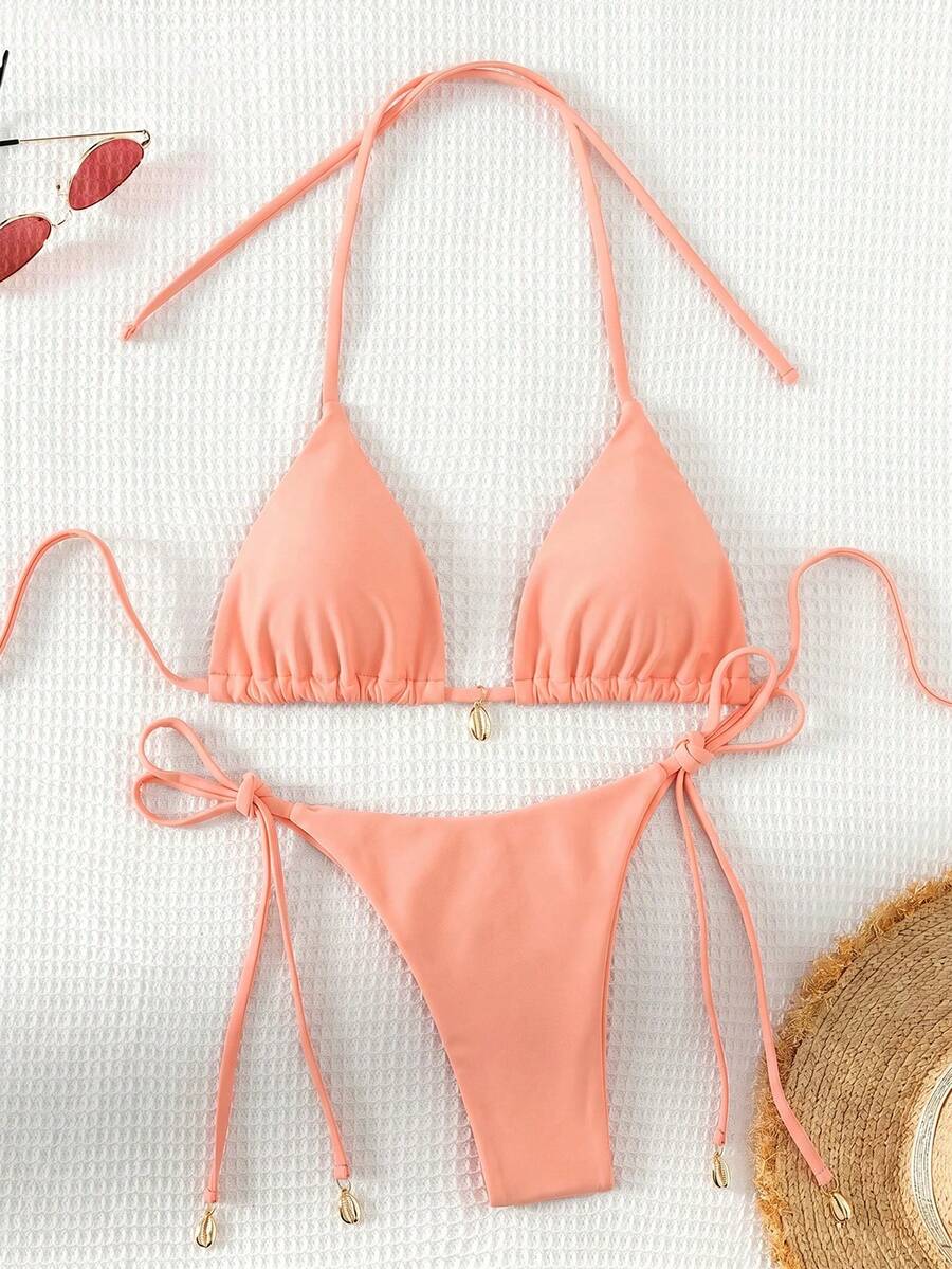 Swim Basics 2026 女款夏季海灘素色掛脖綁帶性感比基尼泳衣套裝 - 珊瑚粉 - 查看 1